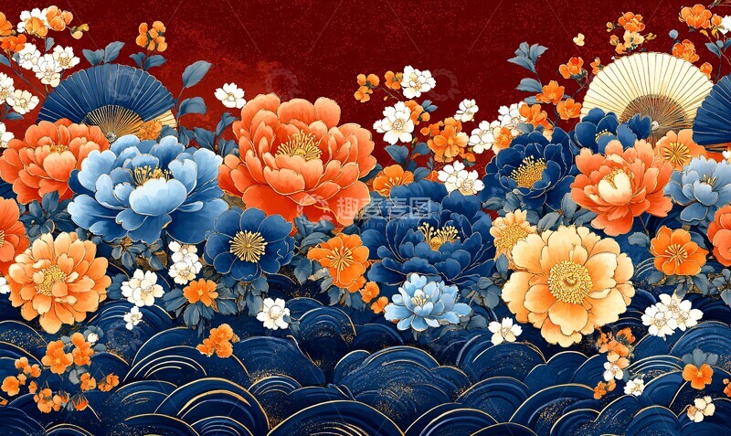 高清大图下载【趣麦麦图】蓝色金花纹图案1