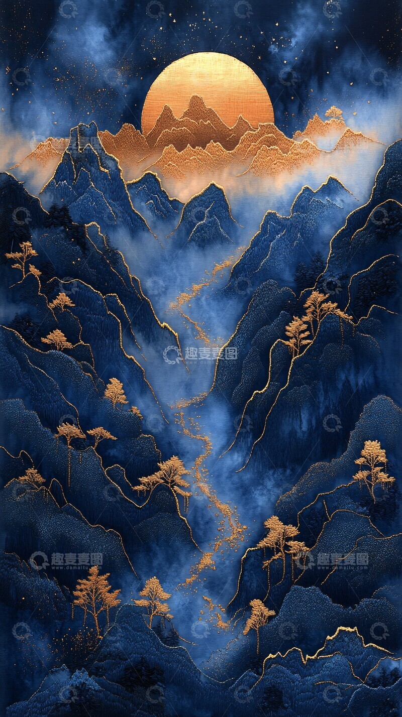 高清大图下载【趣麦麦图】蓝山金线刺绣图