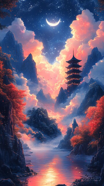 山川暮色映月湖2