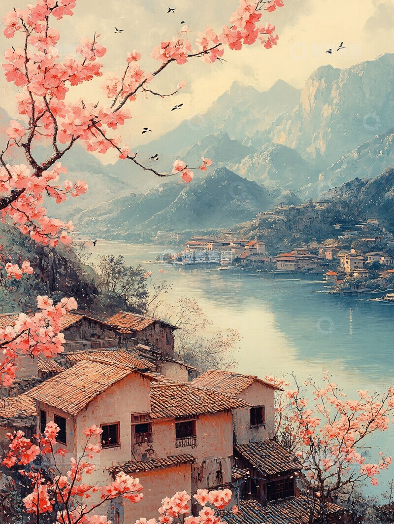 高清大图下载【趣麦麦图】山水村落花鸟图1