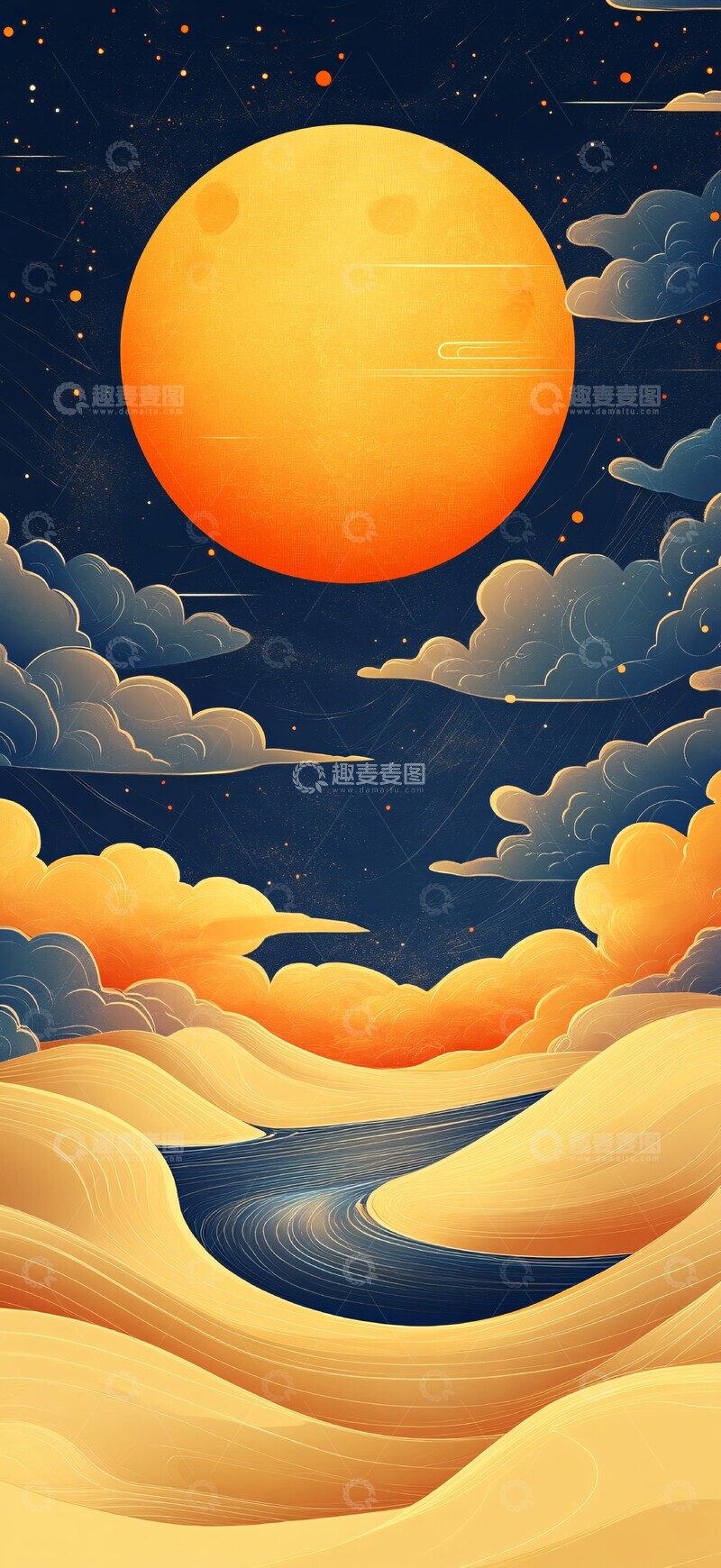 高清大图下载【趣麦麦图】月色云河图月光云彩河流1