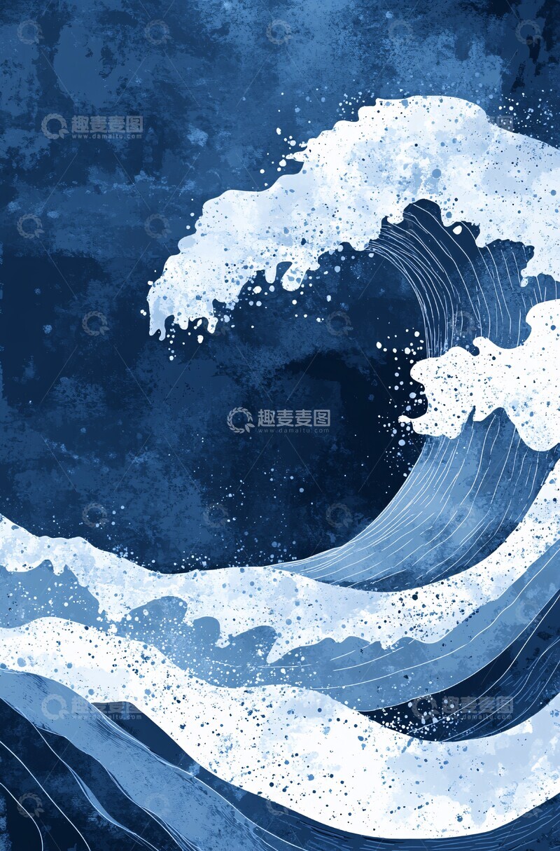 高清大图下载【趣麦麦图】-大浪蓝白艺术插画3