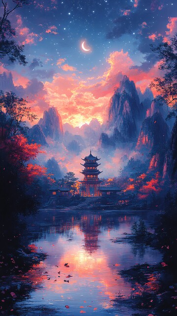 山川暮色映月湖1