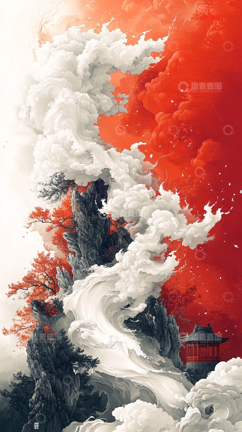 高清大图下载【趣麦麦图】祥云红亭山水画