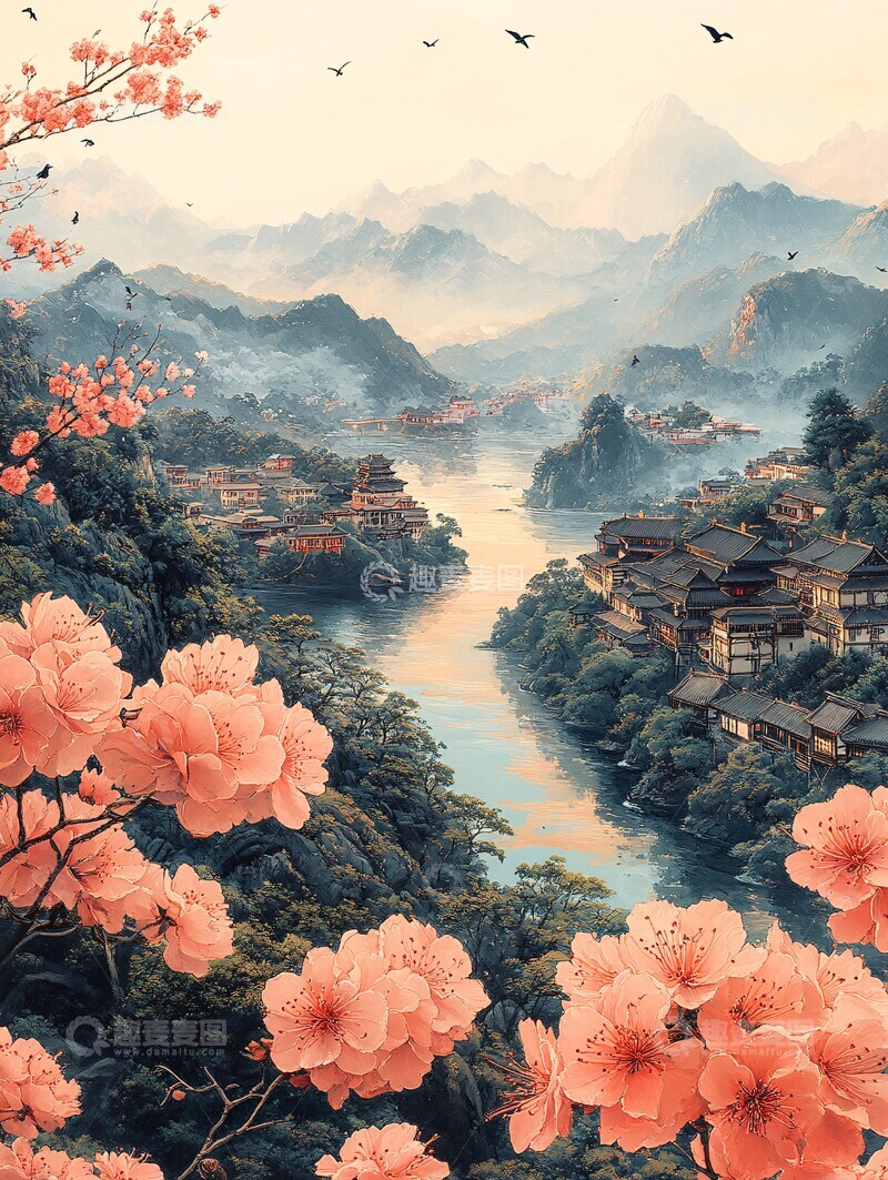 高清大图下载【趣麦麦图】山水村落花鸟图