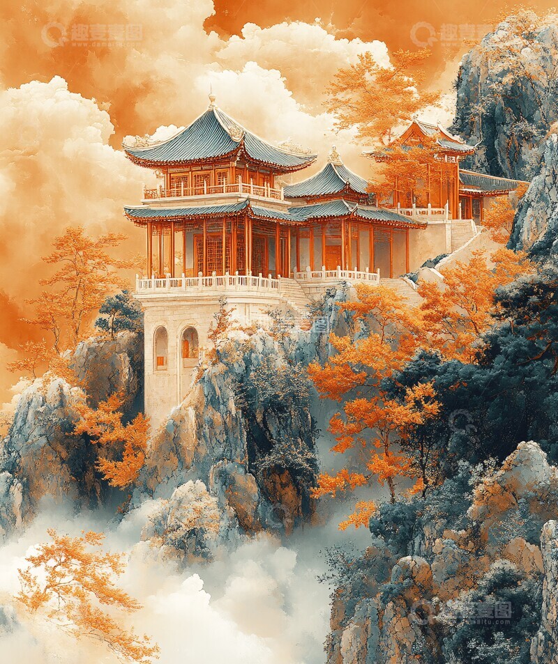 高清大图下载【趣麦麦图】山水云间古建筑