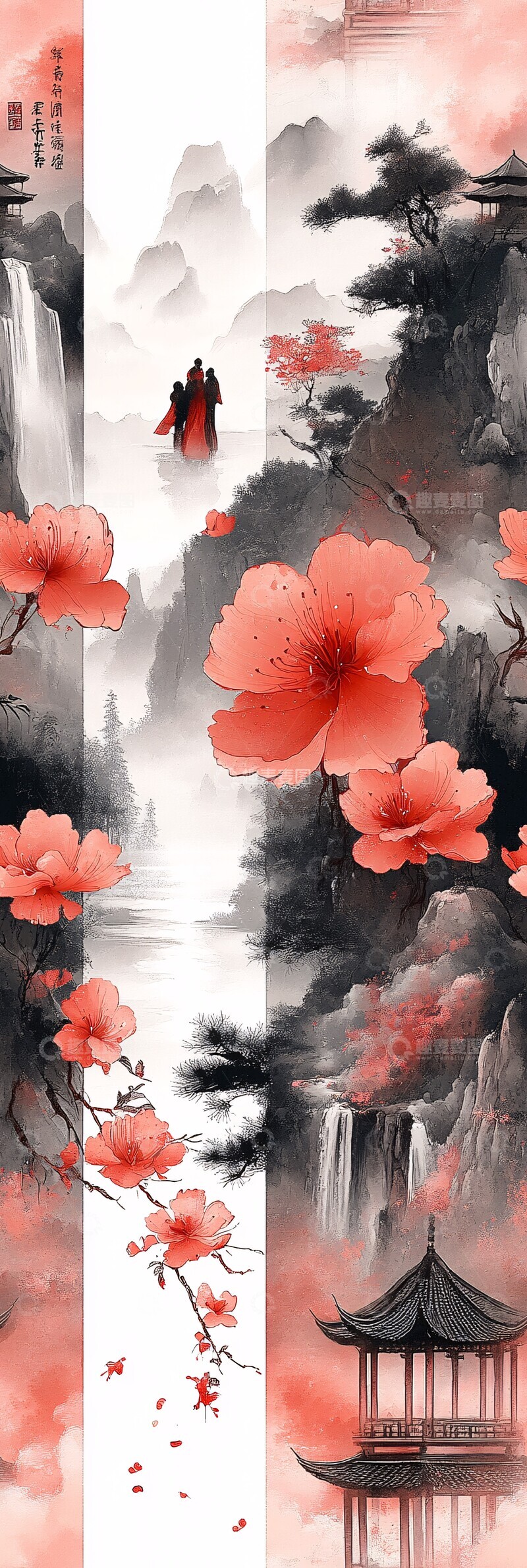 高清大图下载【趣麦麦图】粉色山水墨画1