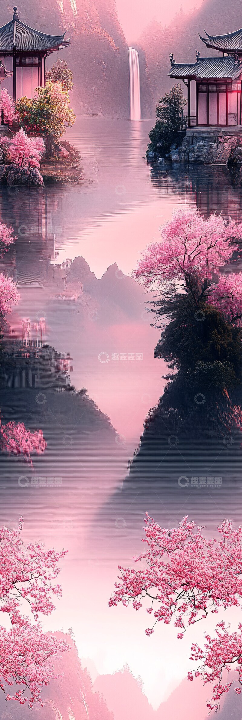 高清大图下载【趣麦麦图】粉色山水墨画2