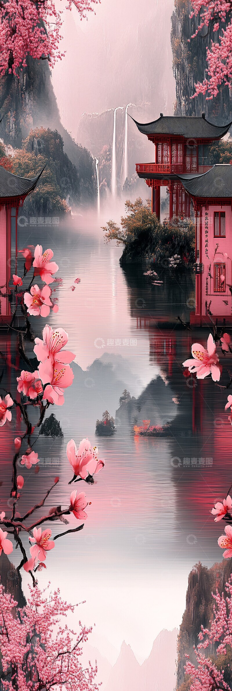 高清大图下载【趣麦麦图】粉色山水墨画