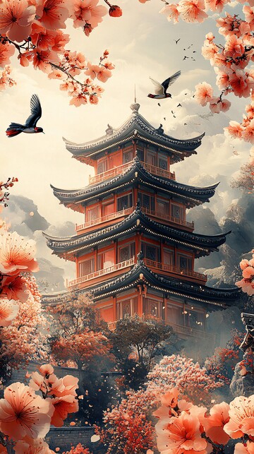 春花古建相映趣