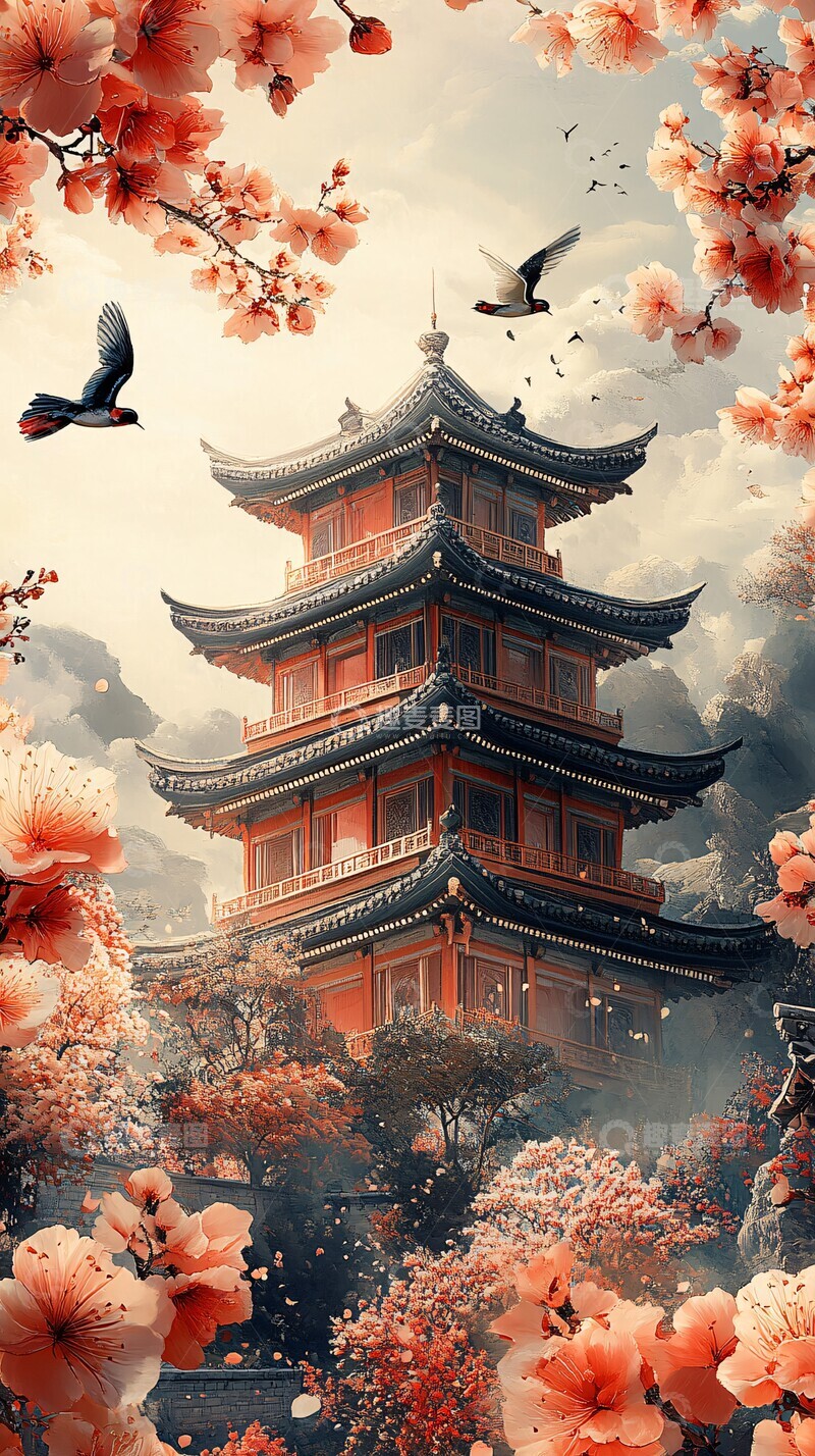 高清大图下载【趣麦麦图】春花古建相映趣