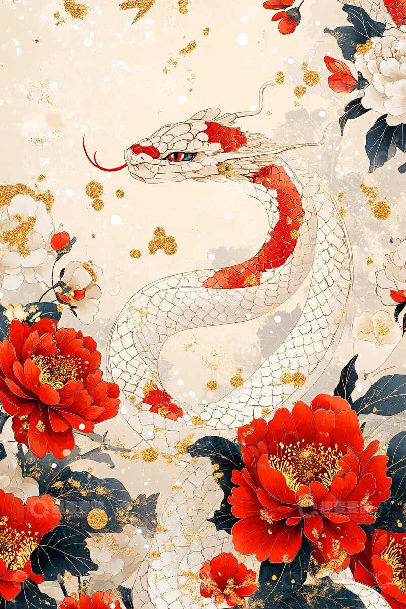 高清大图下载【趣麦麦图】红白蛇纹牡丹图