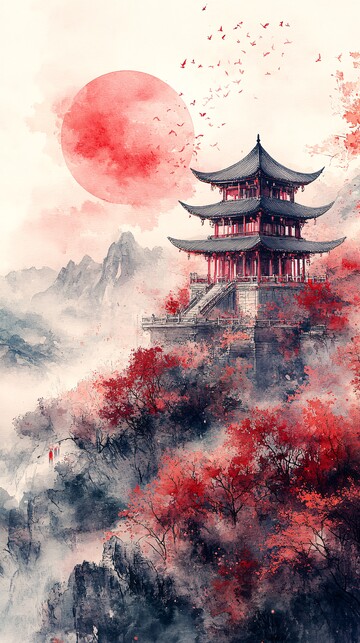 绶带亭阁水墨图1