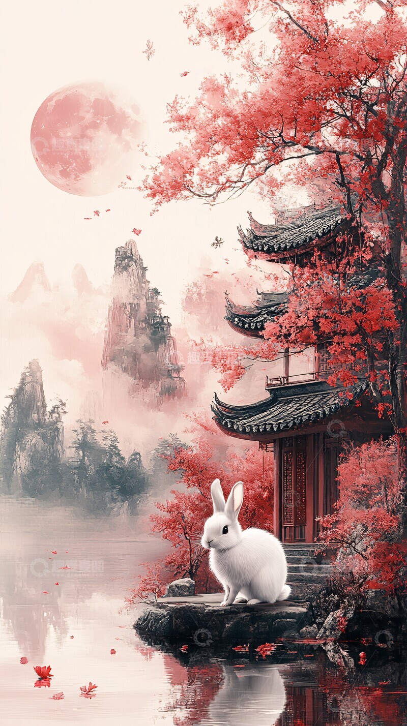 高清大图下载【趣麦麦图】月下白兔古建图