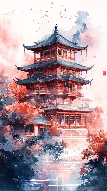 绶带亭阁水墨图