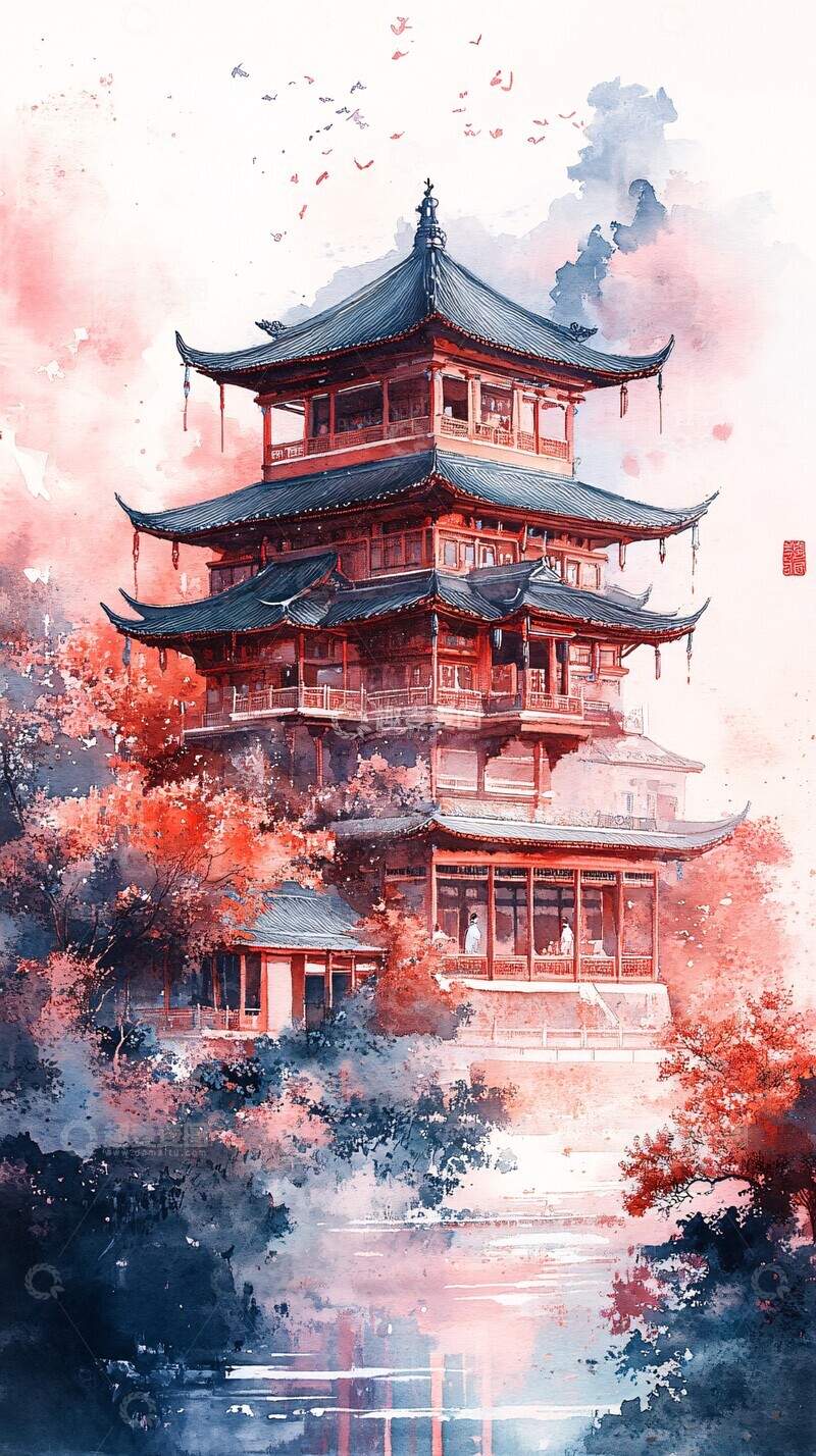 高清大图下载【趣麦麦图】绶带亭阁水墨图