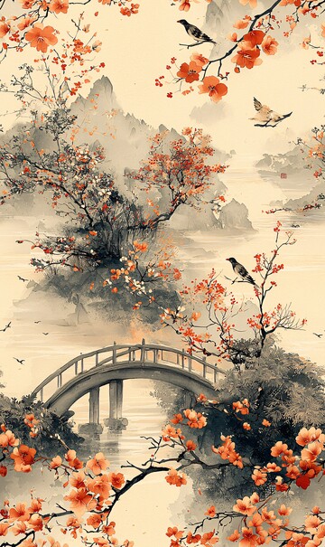 小桥流水花鸟图
