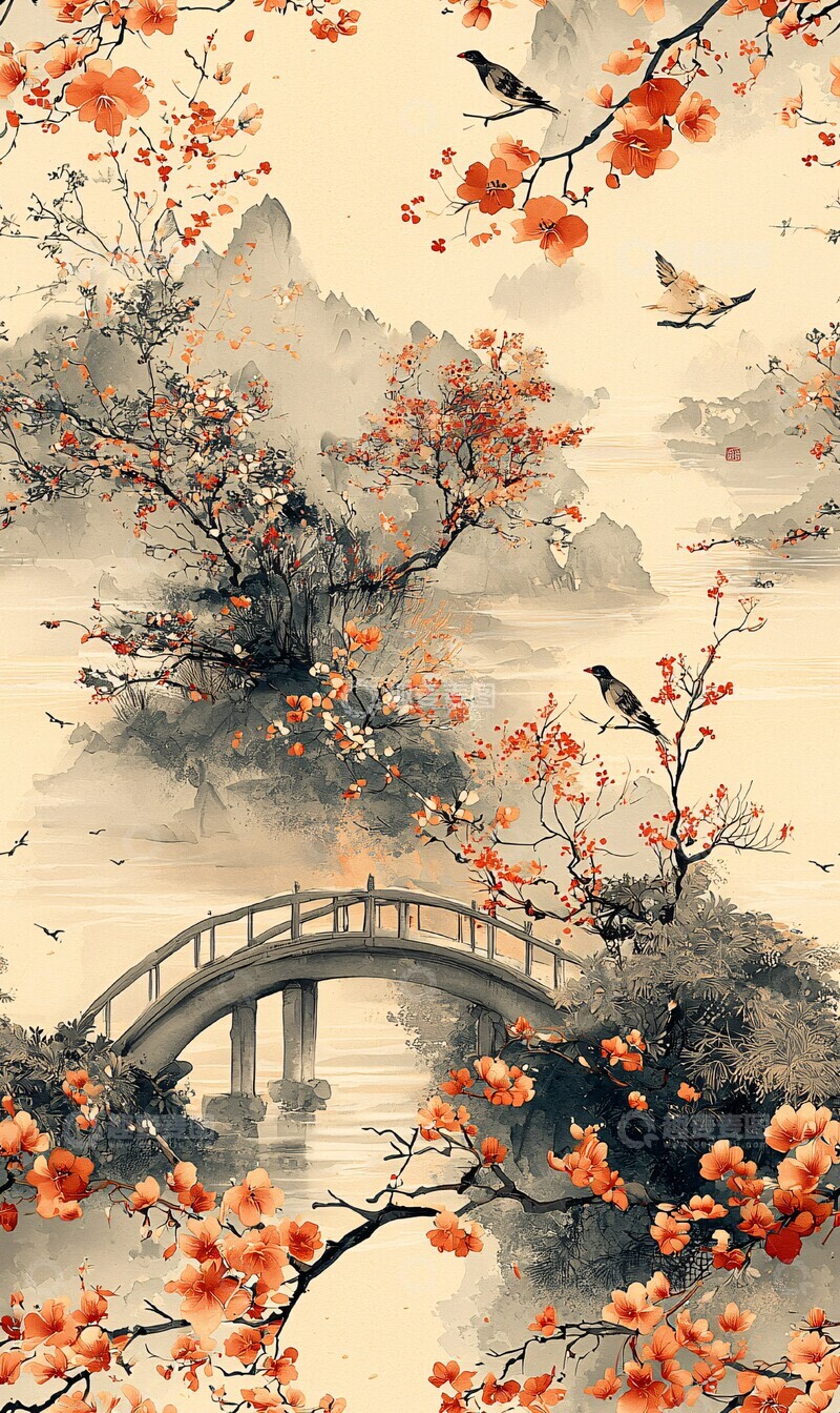 高清大图下载【趣麦麦图】小桥流水花鸟图