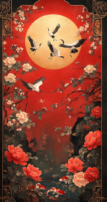 红金日式花鸟图1