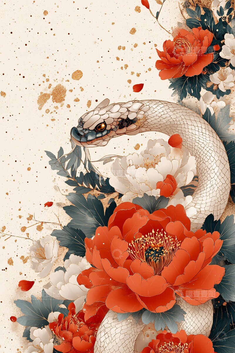 高清大图下载【趣麦麦图】红白蛇纹牡丹图2