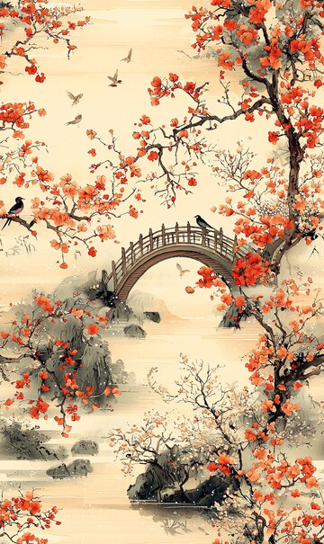 小桥流水花鸟图2