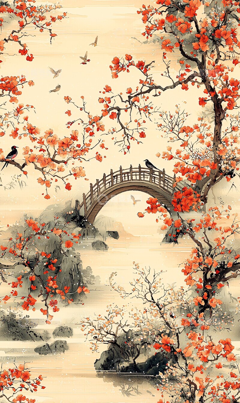 高清大图下载【趣麦麦图】小桥流水花鸟图2