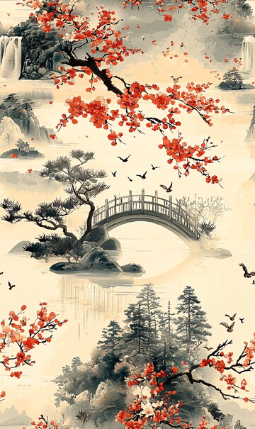 小桥流水花鸟图1