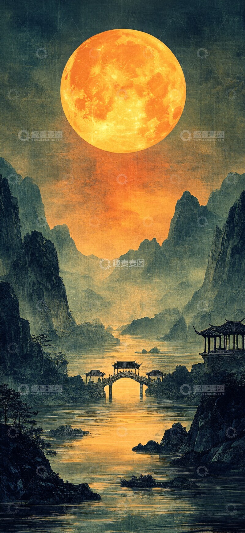 高清大图下载【趣麦麦图】月下山水图山水古风光影3