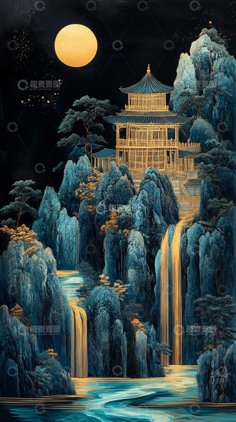 高清大图下载【趣麦麦图】蓝绿山水绣品3