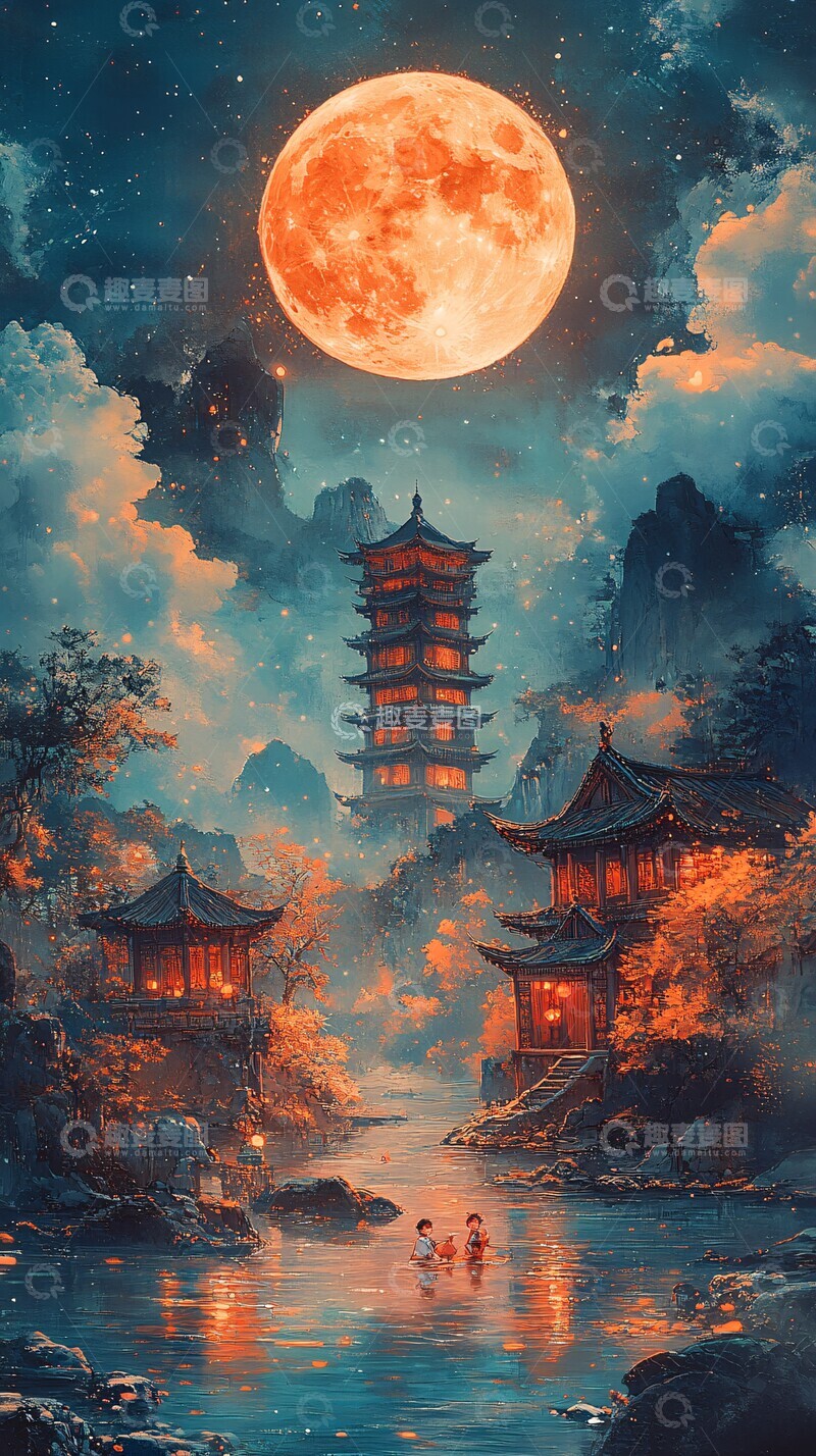 高清大图下载【趣麦麦图】明月河流古建筑1