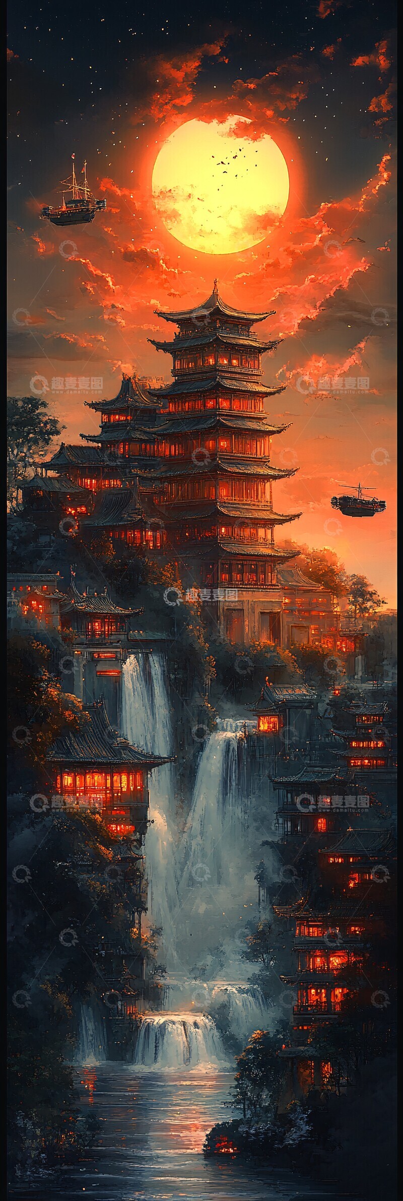 高清大图下载【趣麦麦图】悬浮城市日落景