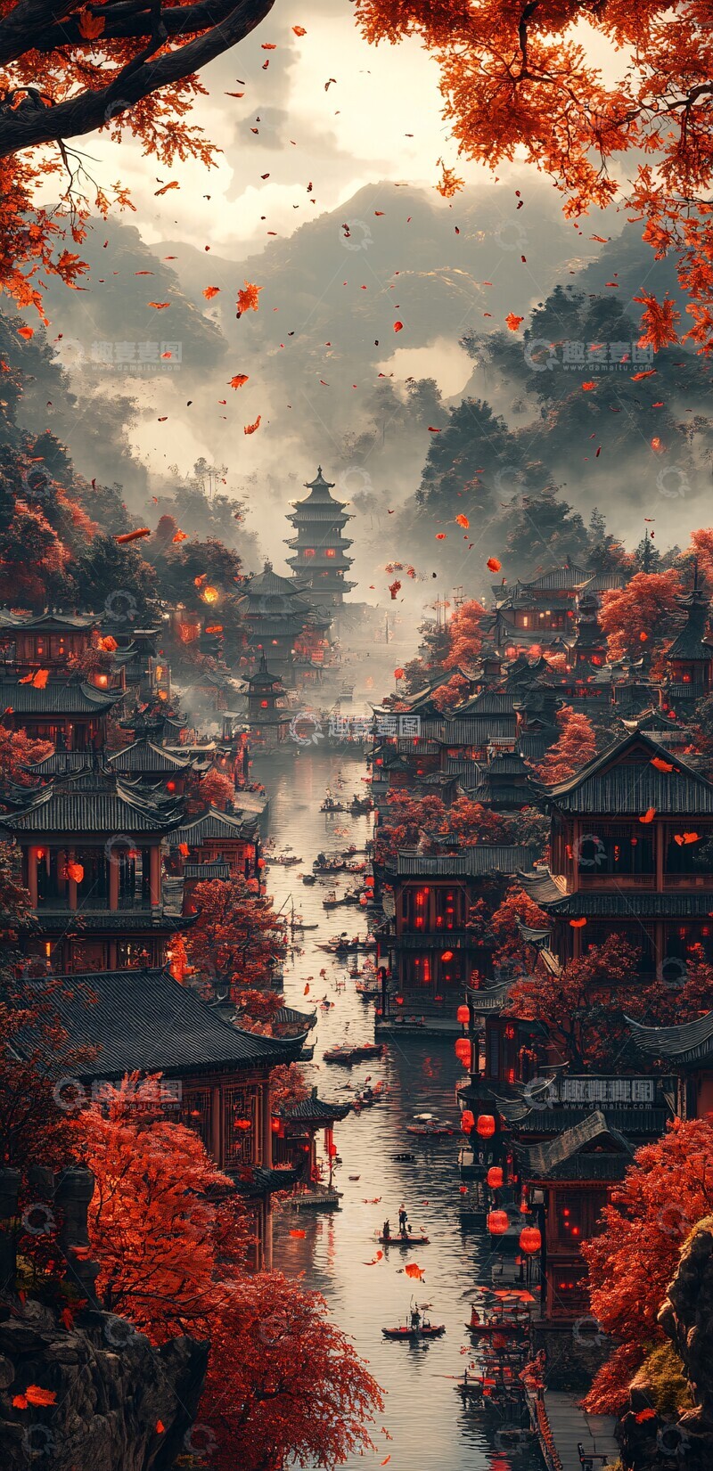 高清大图下载【趣麦麦图】中秋街景图中秋街景建筑2