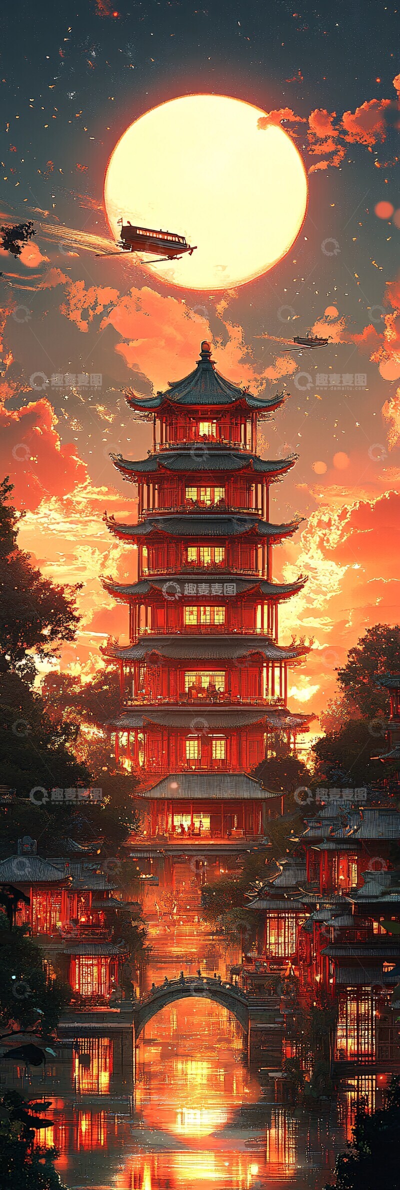 高清大图下载【趣麦麦图】悬浮城市日落景2