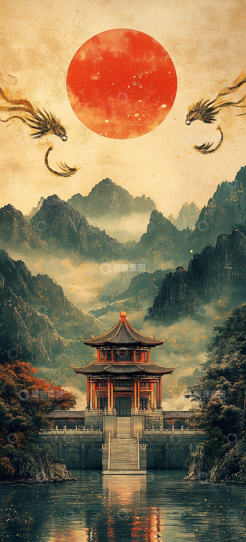 高清大图下载【趣麦麦图】山水古建筑金色背景建筑