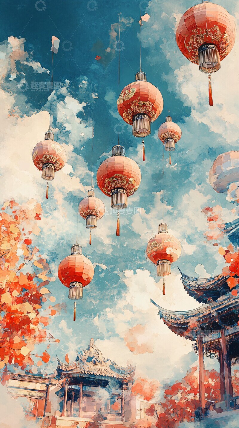 高清大图下载【趣麦麦图】金玉灯笼国庆海报3