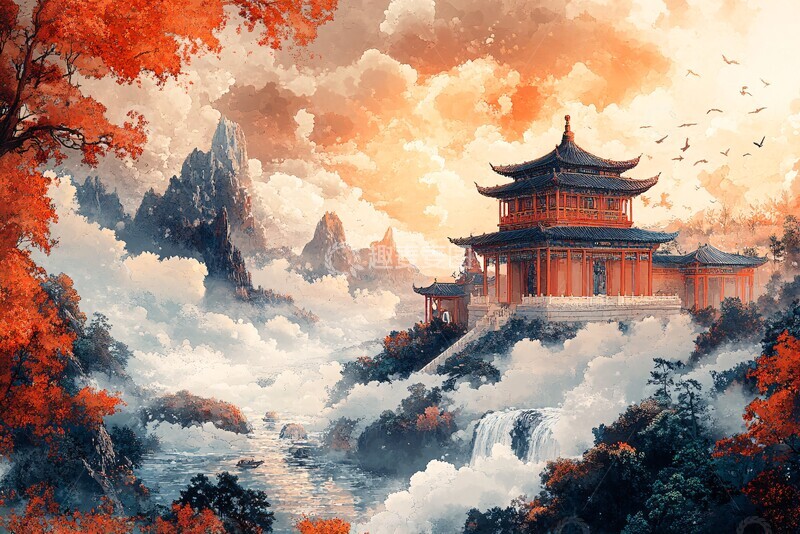 高清大图下载【趣麦麦图】山水云鸟图山水云鸟流水2