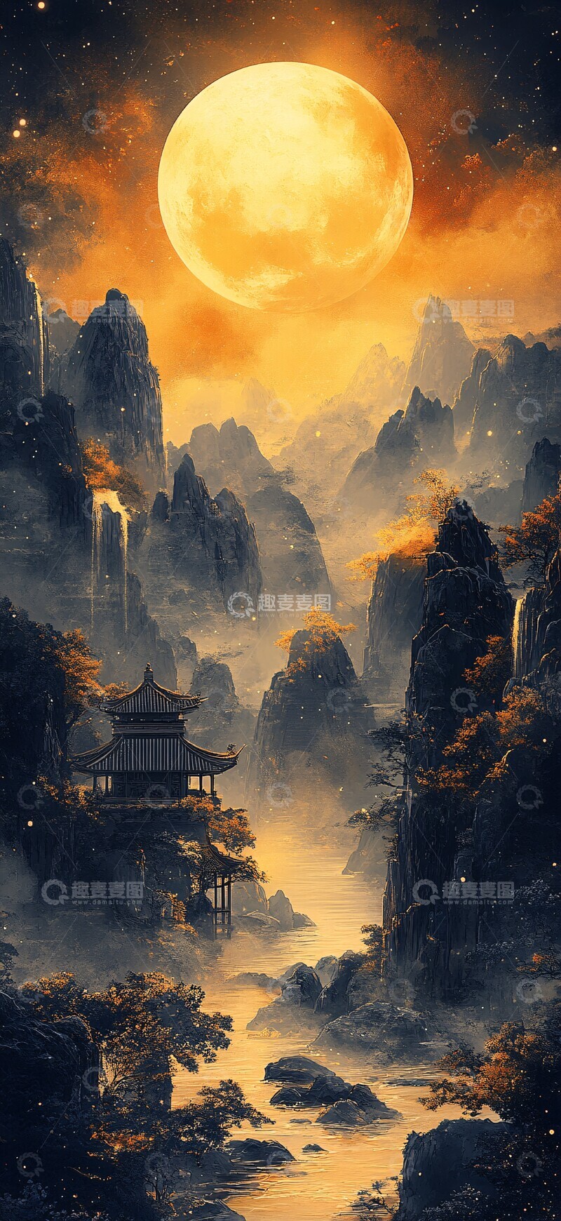 高清大图下载【趣麦麦图】月下山水图山水古风光影