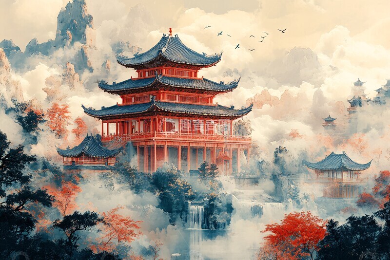 高清大图下载【趣麦麦图】山水云鸟图山水云鸟流水3