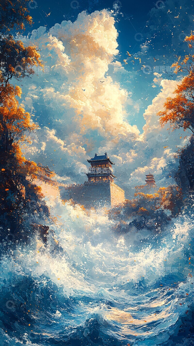 高清大图下载【趣麦麦图】山海云城阳光波浪红色3