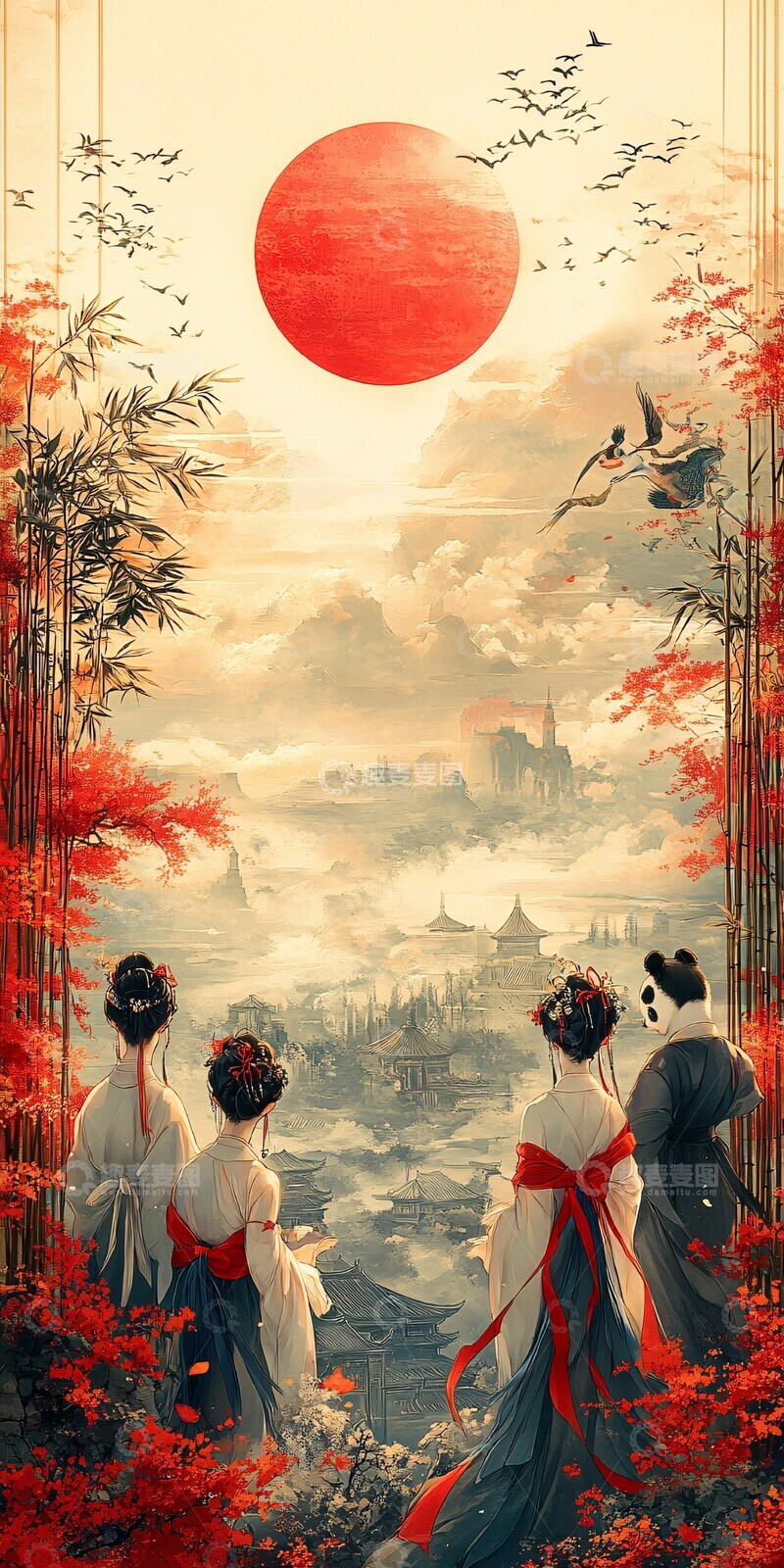 高清大图下载【趣麦麦图】五谷丰登熊猫戏竹