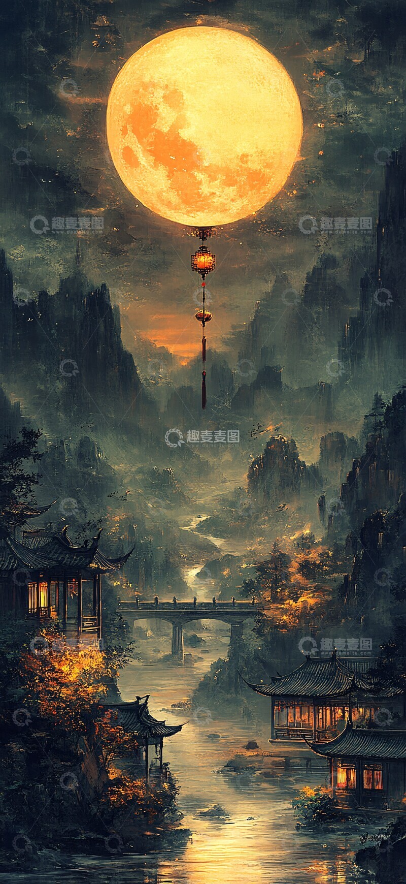 高清大图下载【趣麦麦图】月下山水图山水古风光影1