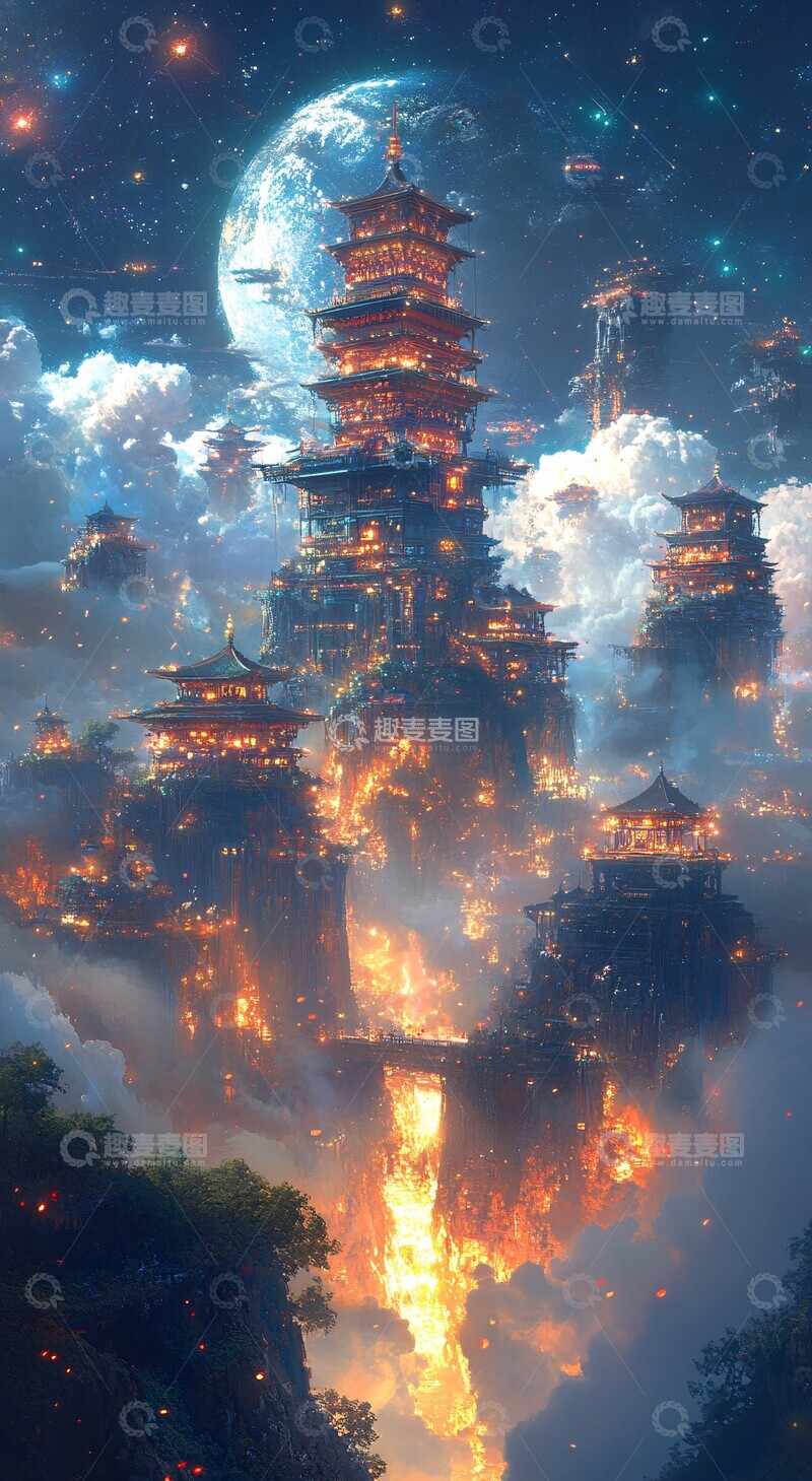 高清大图下载【趣麦麦图】天宫浮岛图天宫浮岛仙境