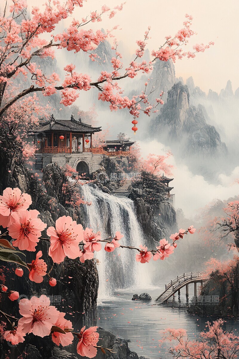 高清大图下载【趣麦麦图】桃花流水桥亭飞瀑3