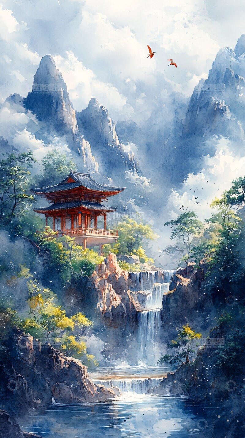 高清大图下载【趣麦麦图】蓝天白云鹤山瀑布1