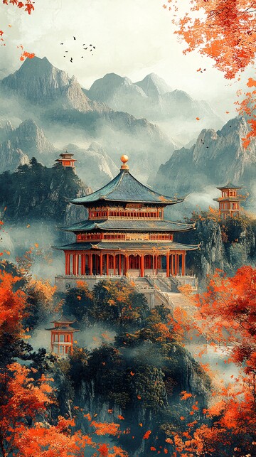 青绿山水古建图