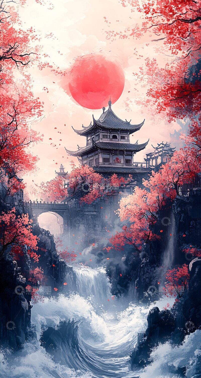 高清大图下载【趣麦麦图】樱花建筑波浪3