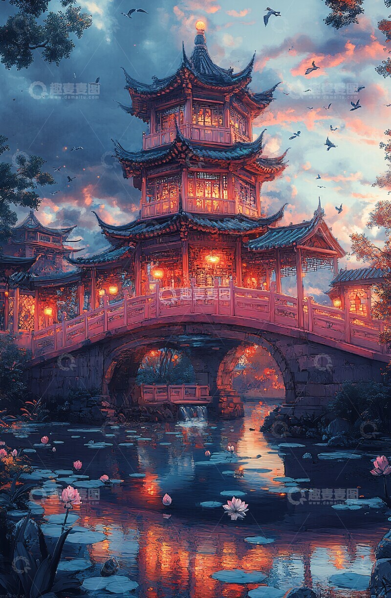 高清大图下载【趣麦麦图】莲花桥上月光夜3