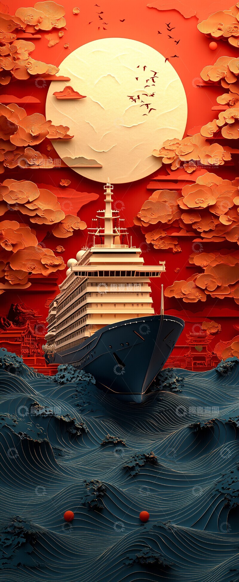 高清大图下载【趣麦麦图】中国红金纸剪艺船1