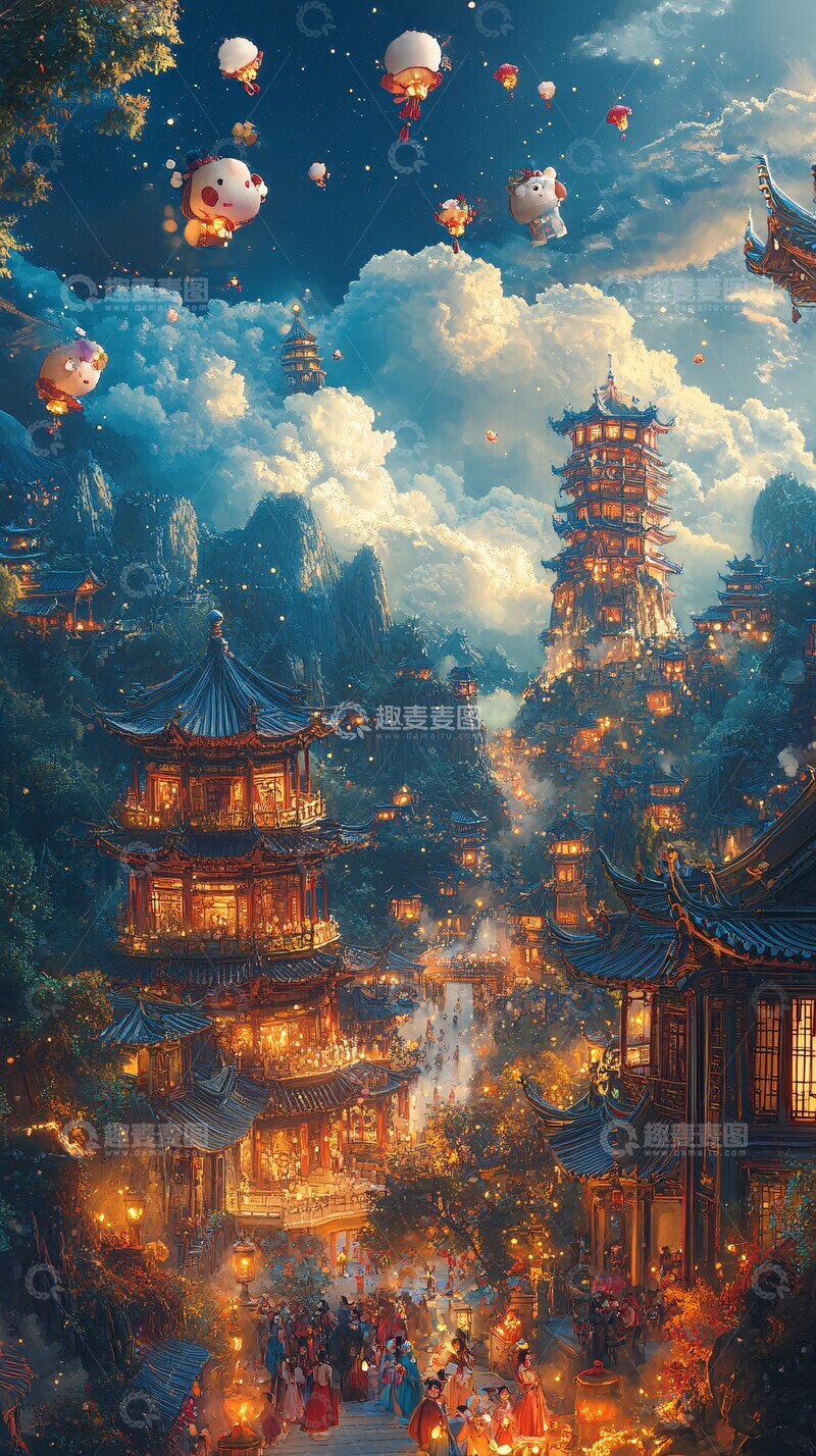 高清大图下载【趣麦麦图】古建山川夜色图2