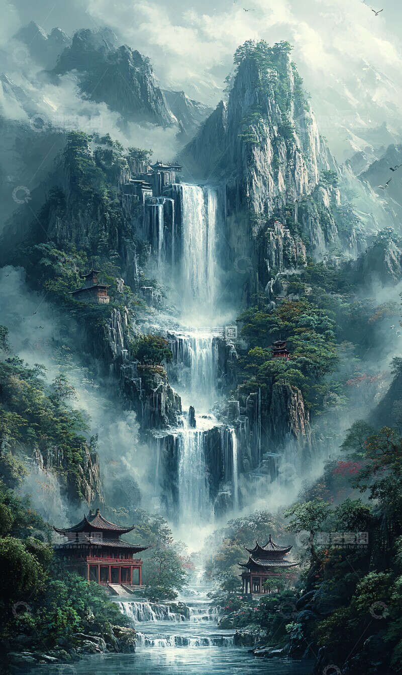 高清大图下载【趣麦麦图】冰峰飞瀑图冰峰飞瀑山峰2